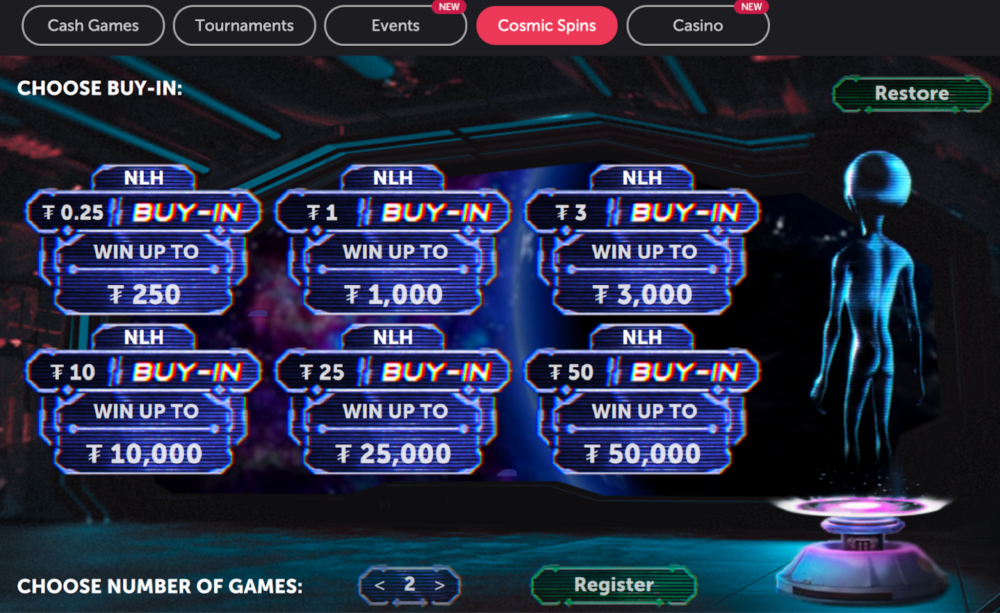 The Cosmic Spins menu at CoinPoker with various buy-ins