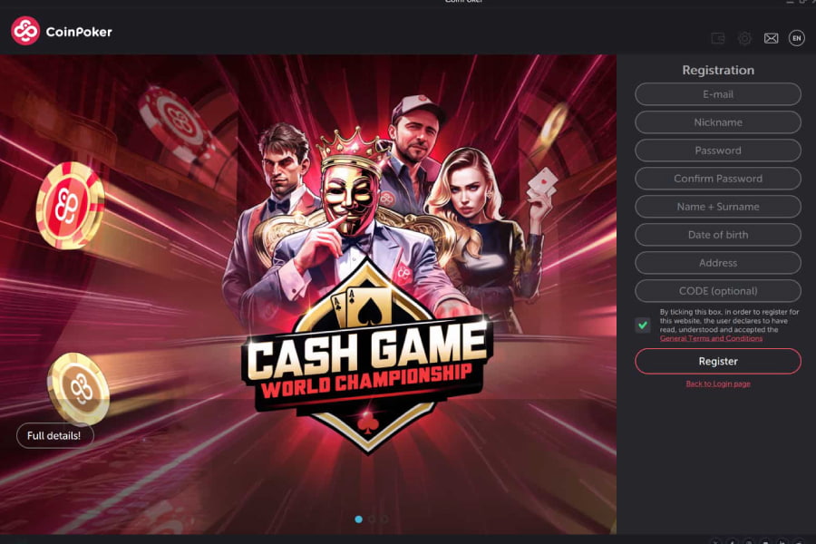 CoinPokerアプリのPC版メイン画面。右側に登録フィールドが表示されている。