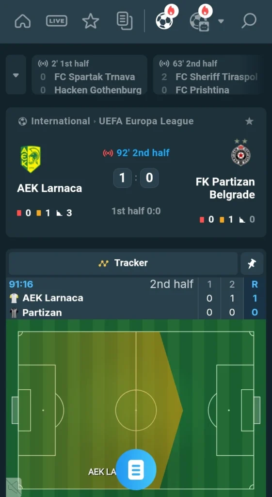 Live betting market in soccer for match between AEK Larnaca vs. Belgrade FK Partizan in Europa League on CoinPoker sports betting app.