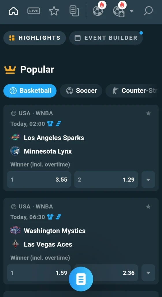 CoinPoker crypto sportsbook betting app, showing mobile markets for WNBA basketball.